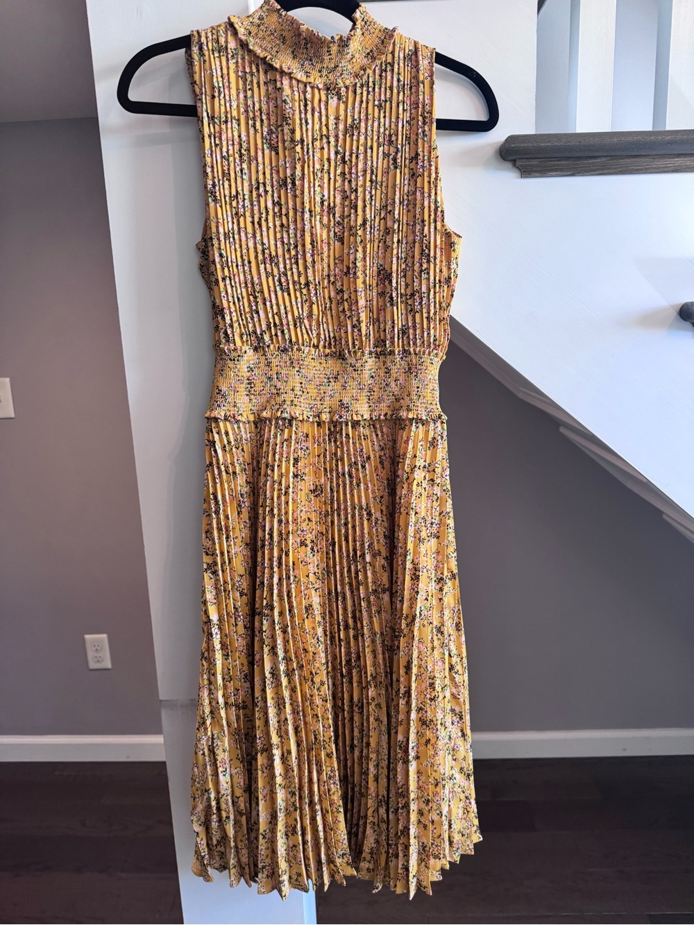 Nanette Lepore Yellow Floral Pleated Midi Dress